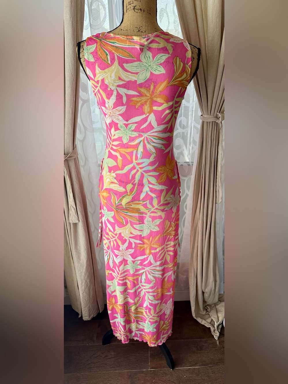 Derek Heart Pink Tropical Floral Swim Cover Up Dress Sz Small Side Tie Slits - Picture 5 of 8